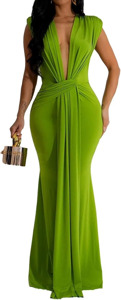 Yuopeid Women's Sexy Sleeveless Deep V Neck Fashion Ruched Bodycon Floor Length Formal Evening Pa... | Amazon (US)