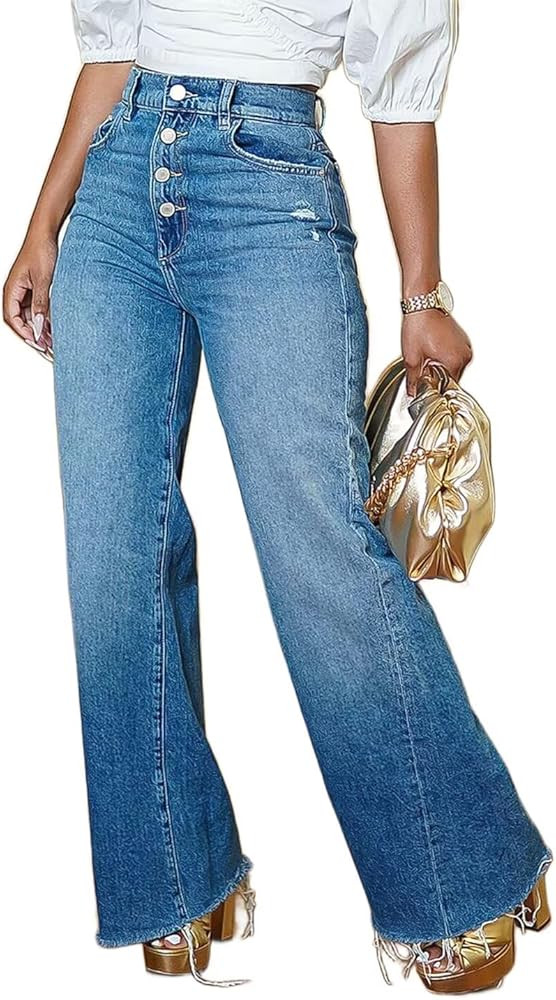 Flamingals Womens Straight Leg High Waist Casual Ripped Button Fly Wash Raw Hem Denim Jeans | Amazon (US)