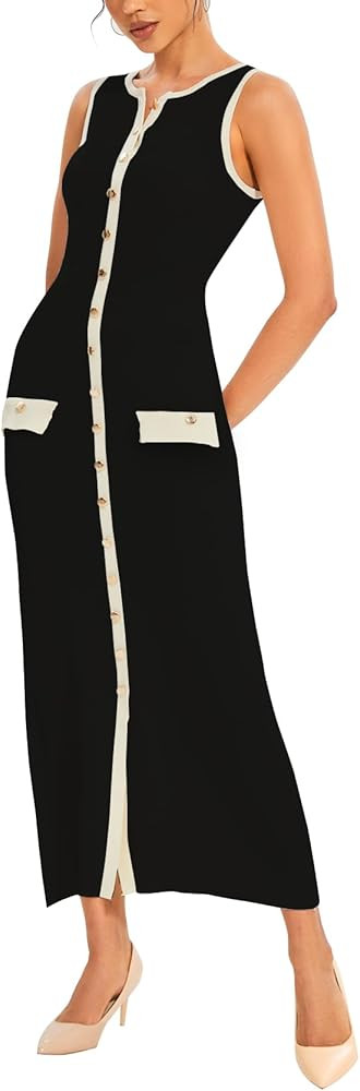Womens Knit Maxi Dress Sleeveless Bodycon Ribbed Long Tank Dresses Elegant Button Down Workwear D... | Amazon (US)