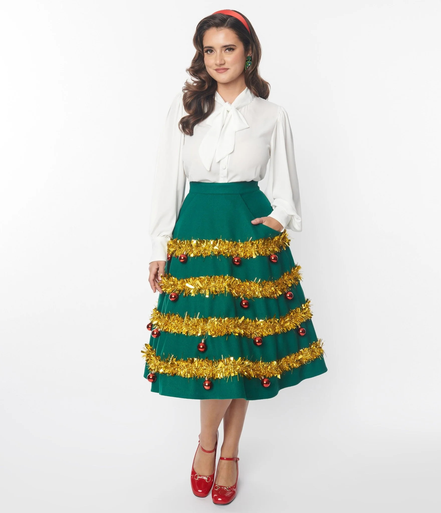 Unique Vintage Green & Gold Tinsel & Ornament Soda Shop Swing Skirt | UniqueVintage