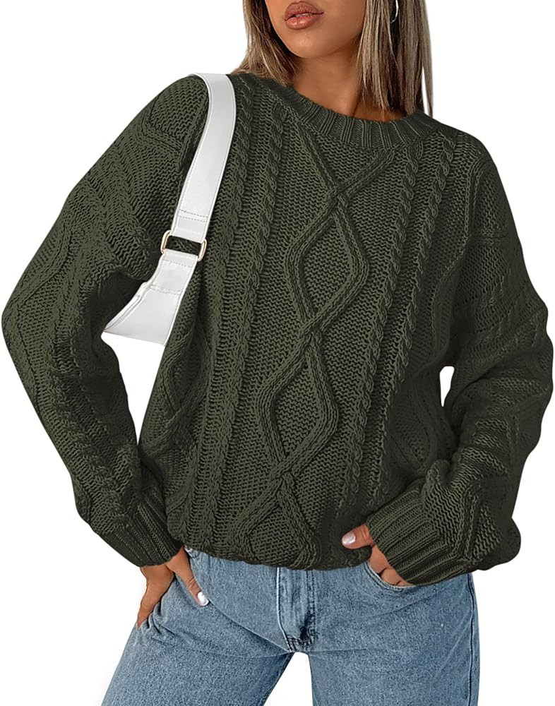 BTFBM Casual Women Long Sleeve Sweater 2024 Fall Ribbed Knit Pullover Loose Crewneck Cable Sweate... | Amazon (US)