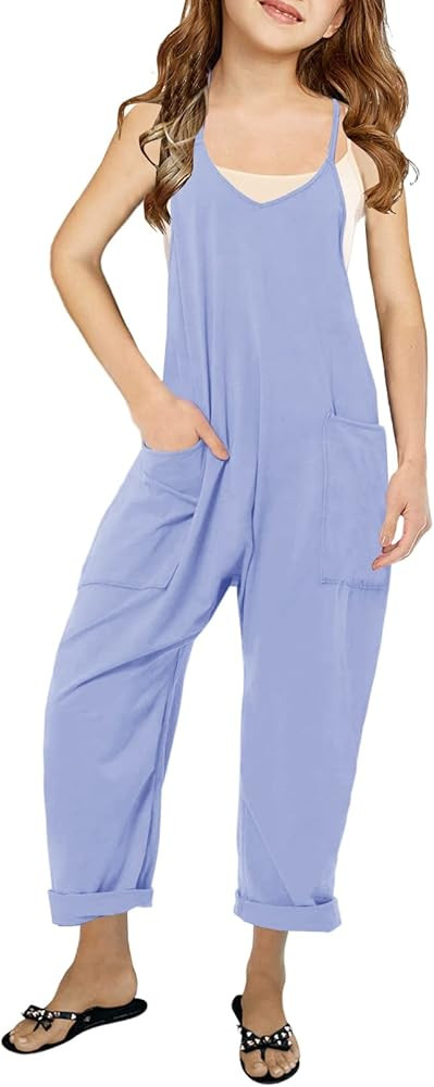 Cnkwei Girls' Casual Sleeveless Jumpsuits Spaghetti Strap Loose Romper Long Pants with Pockets | Amazon (US)