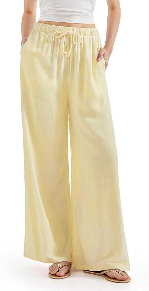 SUUKSESS Women Wide Leg Linen Pants with Pocket High Waisted Lounge Palazzo Pant | Amazon (US)