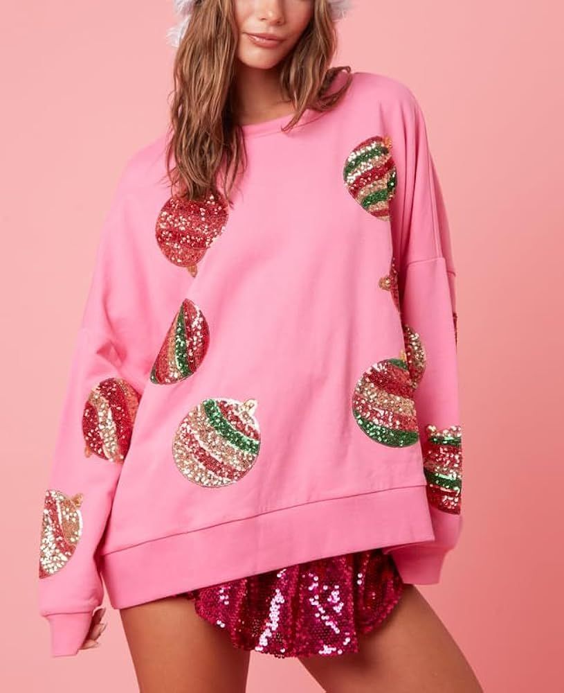 SOLILOQUY Women Sequin Christmas Sweatshirt Cute Oversized Sparkly Santa Sweaters Long Sleeve Crewne | Amazon (US)