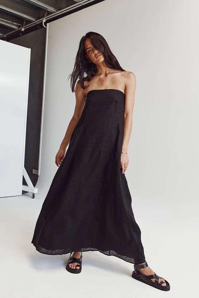 KARNEY BLACK LINEN STRAPLESS DRESS | DISSH