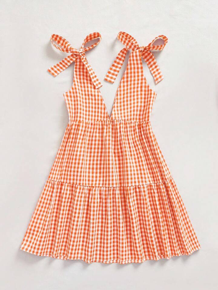 Comfortcana Women's Summer Fashionable Plaid Shoulder Tie Strap Mini Dress Orange Gingham Dress V... | SHEIN