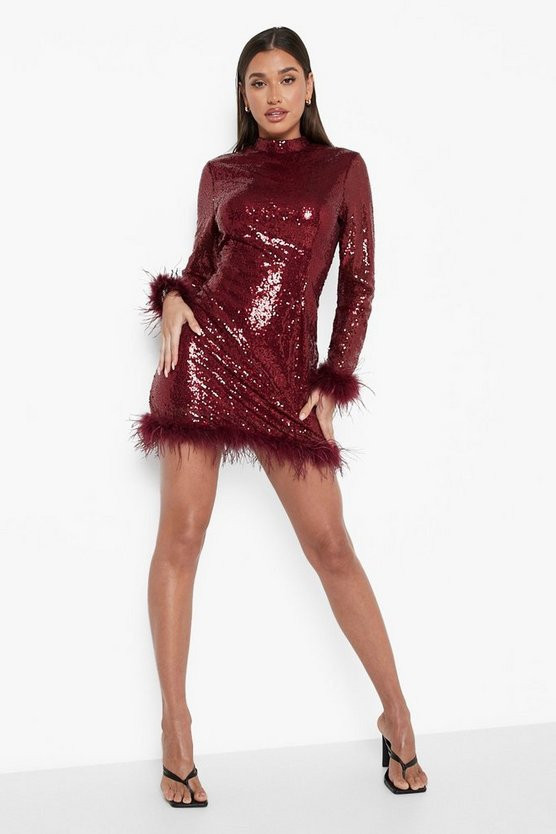 Sequin High Neck Feather Hem Mini Dress | Boohoo.com (US & CA)