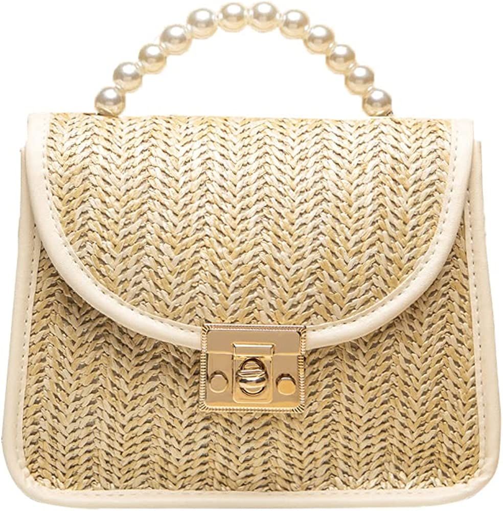 Fashion Straw Woven Handbag for Women, Small Pearl Top Handle Bag Flap Satchel Purse Crossbody Ba... | Amazon (US)
