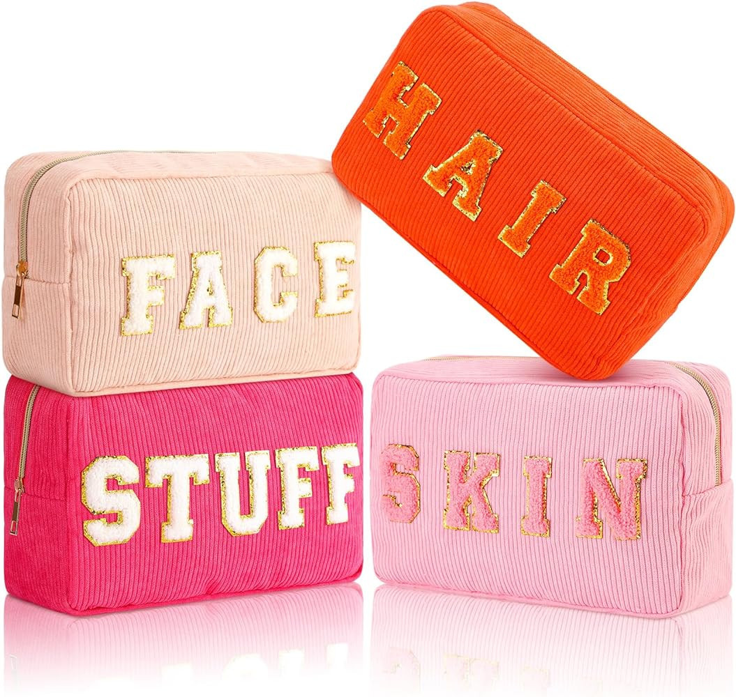 Pinkunn 4 Pcs Preppy Makeup Bags Christmas Gift Corduroy Chenille Letter Patch Bag Face Skin Hair... | Amazon (US)
