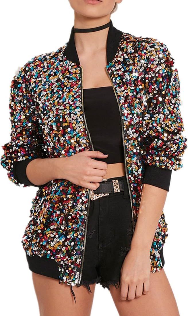 Cresay Women's Sequin Fitted Long Sleeve Zipper Blazer Bomber Jacket-Rainbow XXL at Amazon Women... | Amazon (US)