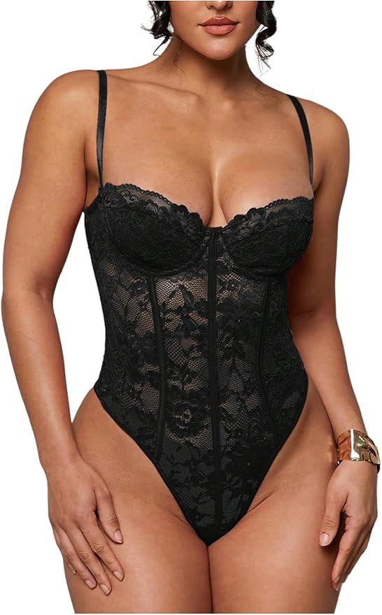 SweatyRocks Women's Sheer Lace Underwire Cami Bodysuit Corset Tops | Amazon (US)