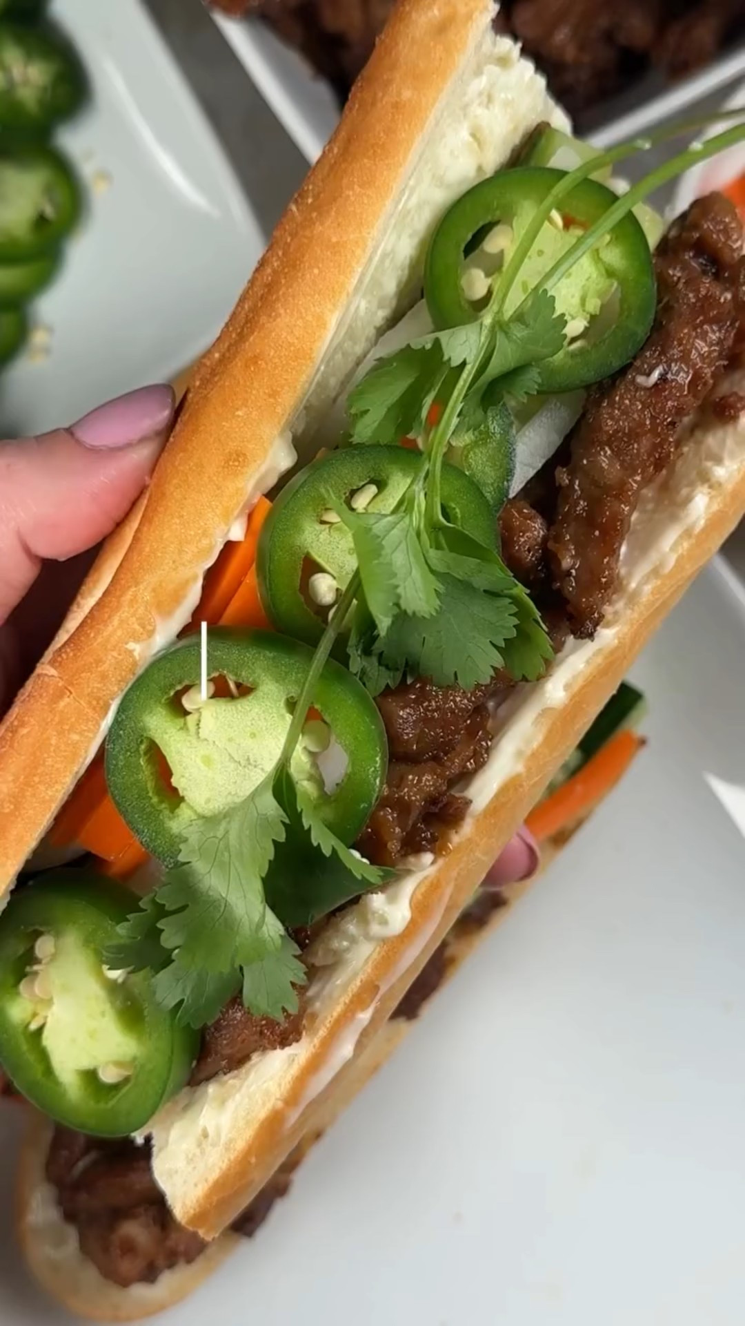 March calls for meals with fresh flavors!🌷

This week I made pork bánh mì—juicy pork, homemade pickled veggies, fresh herbs, piled into a perfectly toasted Vietnamese baguette. Big flavor, simple prep, and perfect for a busy weeknight! Pork is an easy way to add high-quality protein to the weekly rotation. It keeps us fueled and satisfied! 

Pork Banh Mi Ingredients

Pork
1 1/2 – 2 lb. pork roast

Marinade
5-6 cloves of garlic
1 shallot
3 tablespoons fish sauce
2 tablespoons soy sauce
2 tablespoons brown sugar
2 tablespoons avocado oil
1 teaspoon sesame oil
2 teaspoons fresh ginger
1 tablespoon lemongrass
Avocado oil for cooking the meat

Sandwich Ingredients
Vietnamese baguette
Pickled carrot and daikon (I made my own using @recipe_tin ‘s recipe)
Fresh cilantro 
1-2 cucumbers, cut into thin strips
Sliced fresh jalapeños 
Mayo or sriracha mayo

1. Make the Marinade
Add garlic, shallot, fish sauce, soy sauce, brown sugar, avocado oil, sesame oil, fresh ginger, and lemongrass. Blend until the mixture becomes smooth.

2. Marinate the Pork
Slice the pork into strips. Place the pork in a bowl and pour the blended marinade over it. Toss to fully coat the meat. Cover and refrigerate for at least 1 hour. (24 hours for best flavor)

3. Cook the Pork
Heat 1–2 tablespoons of avocado oil in a large skillet over medium-high heat. Add the marinated pork and cook until browned and cooked through.

4. Broil for Caramelization
Transfer the cooked pork onto a sheet tray.
Place it under the broiler for about 3–5 minutes until the marinade begins to caramelize and the pork gets slightly crispy. (Keep a close eye on it to prevent burning.)

5. Assemble the Bánh Mì
Slice and lightly toast the Vietnamese baguette.
Spread mayo or sriracha mayo inside the bread, then layer with:
Caramelized pork
Pickled carrot and daikon
Thin cucumber strips
Sliced jalapeños
Fresh cilantro

Enjoy! Save this recipe for a delicious pork dinner idea that will impress your entire family!

@michiganpork #partnership #tastewhatporkcando #detroithummingbirds #porkbahnmi #bahnmi

#LTKvlog #LTKfoodie #LTKHome