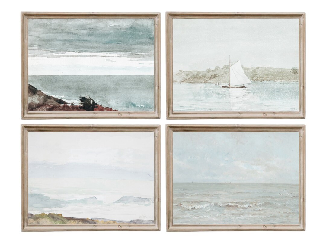 Coastal Wall Art, Set of 4 Prints, Beach Landscape Paintings, Vintage Beach Art, Lake House Art, ... | Etsy (US)