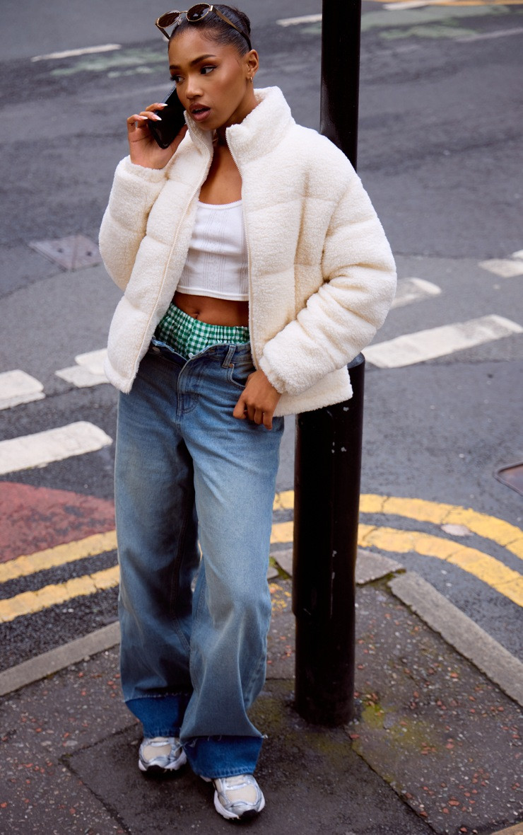 Cream Borg Teddy Puffer Coat | PrettyLittleThing UK