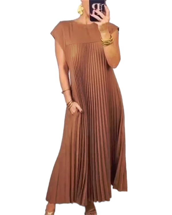HOULENGS Women's 2024 Casual Short Sleeve Pleated Maxi Dress Loose Fit Crewneck Flowy Long Dress ... | Amazon (US)