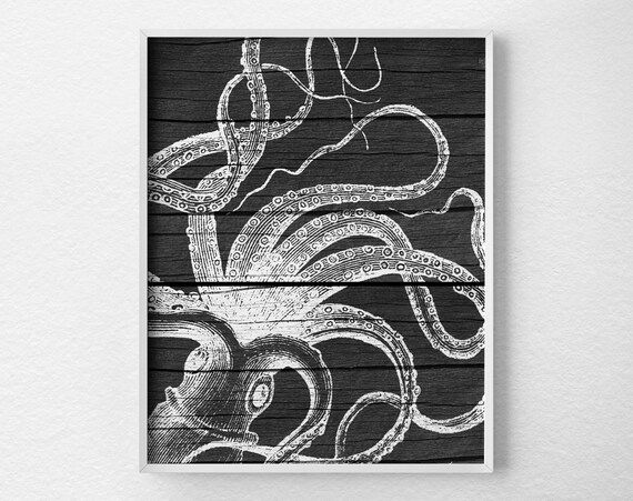 Nautical Octopus Wall Art Print, Nautical Bathroom, Octopus Art, Rustic Nautical Print, Beach Art, O | Etsy (US)