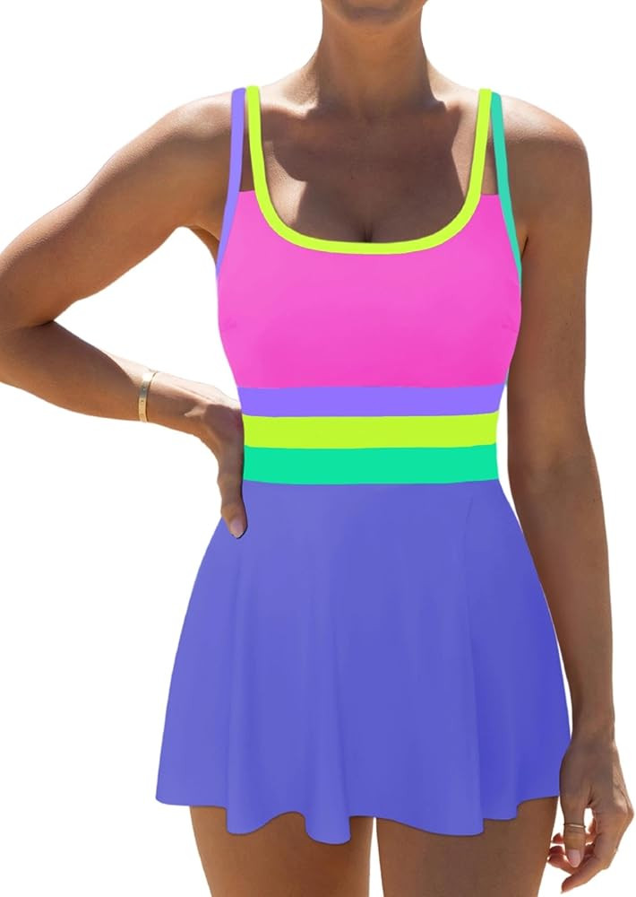 popvil Women One Piece Swimsuit 2026 Tummy Control Bathing Suit Neon Modest Swim Dress with Skirt... | Amazon (US)