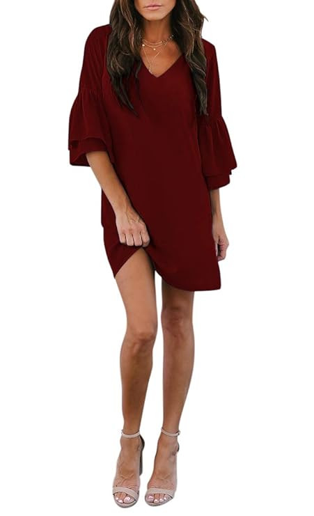 BELONGSCI Women's Dress Sweet & Cute V-Neck Bell Sleeve Shift Dress Mini Dress | Amazon (US)