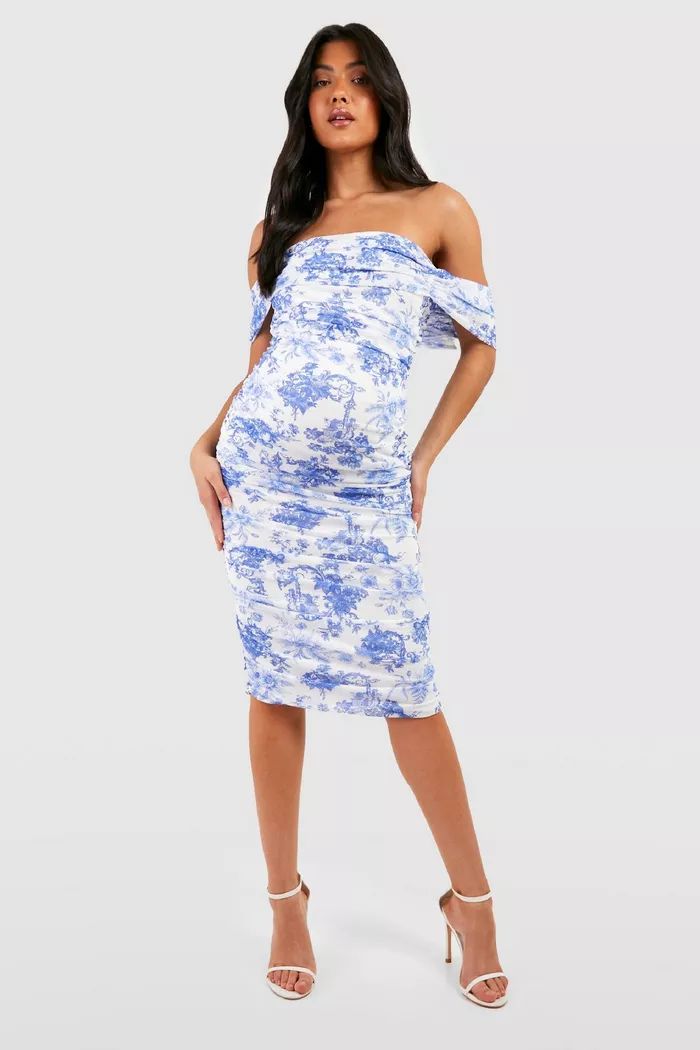 Maternity Porcelain Ruched Mesh Off The Shoulder Midi Dress | boohoo (US & Canada)