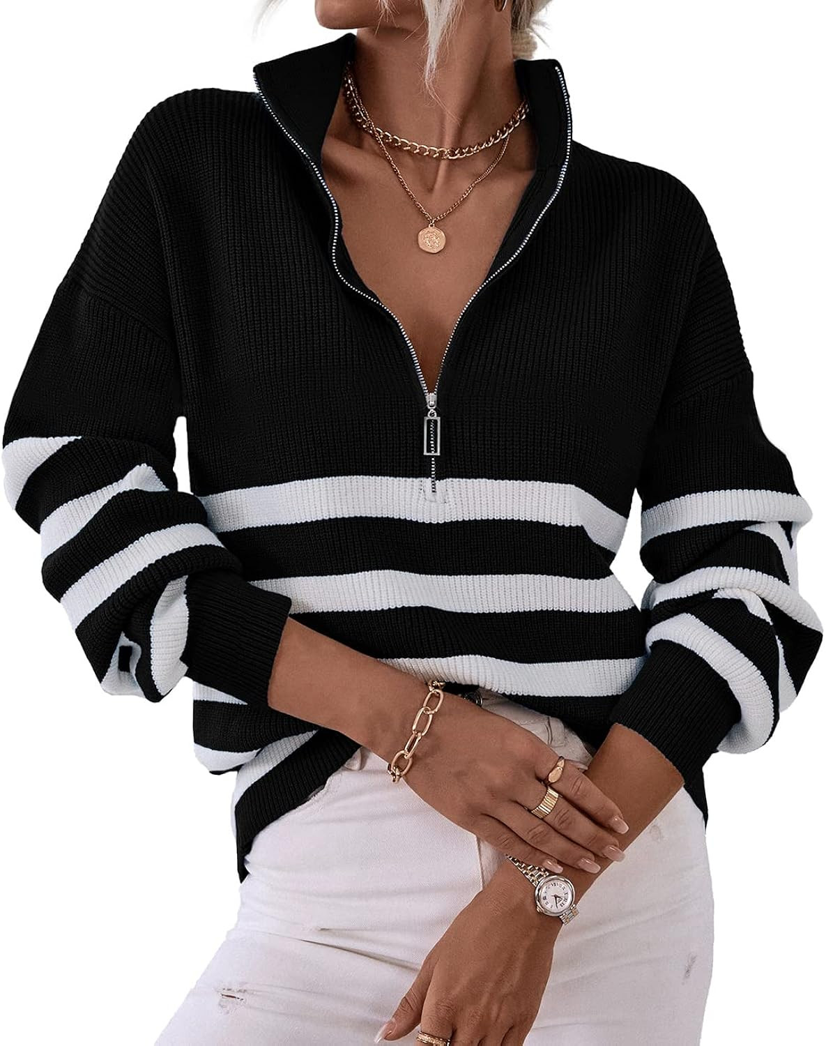 BTFBM Women’s Casual Long Sleeve Half Zip Pullover Sweaters Solid V Neck Collar Ribbed Knitted Loose | Amazon (US)