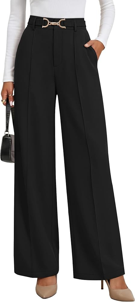 Metal Ring, Elastic Waist, Work Office Flowy Palazzo Slacks, Professional Interview Teacher Outfi... | Amazon (US)