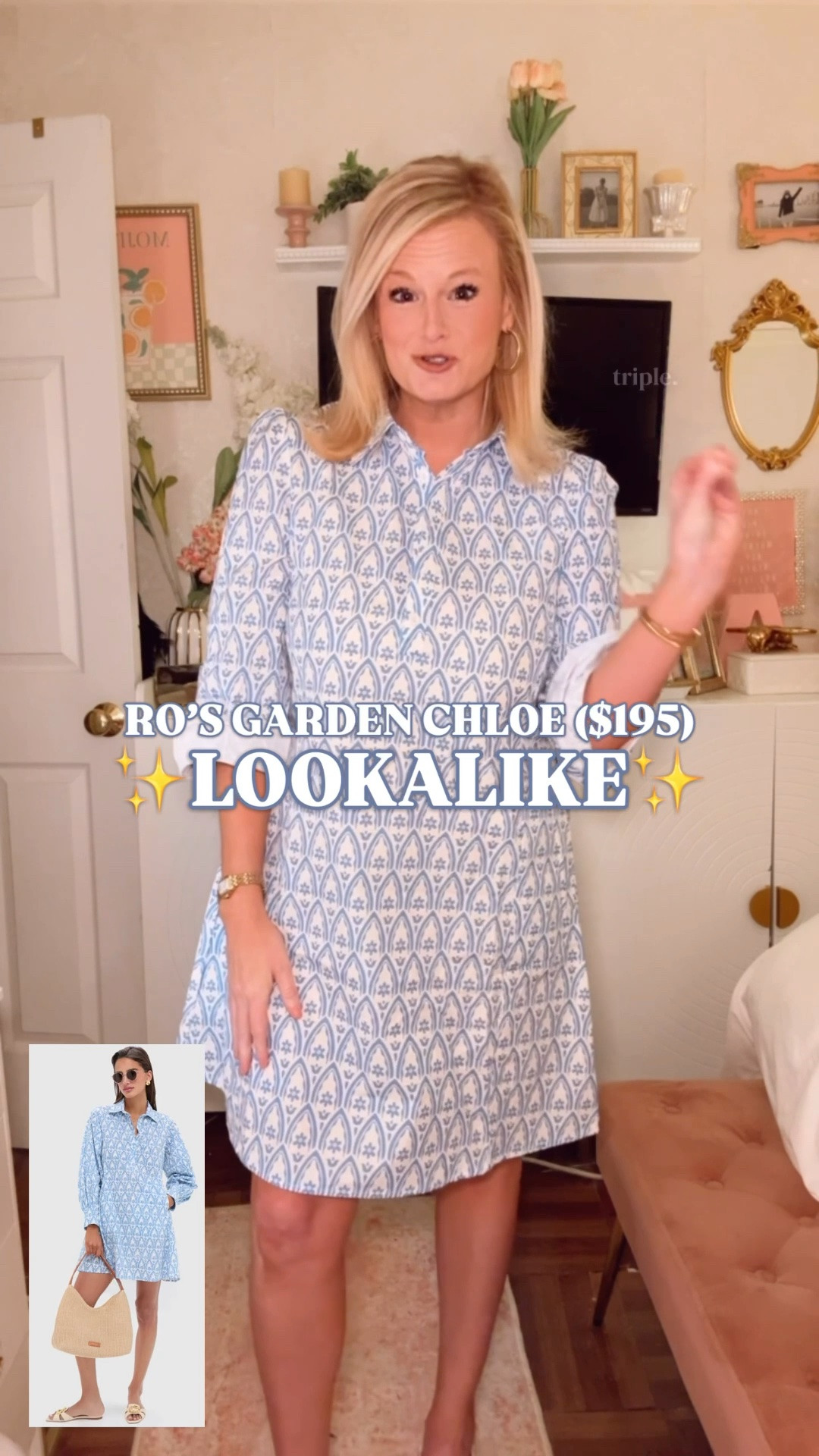 Ro’s Garden Chloe dress look for less | Amazon summer dress | blue and white dress | cotton shirt dress | vacation outfit

This Amazon dress gives the $195 Ro’s Garden Chloe Dress look for less, and it is such a strong look for less summer dress find.

The crisp 100% cotton, lightweight feel, tailored shirt dress shape, blue and white print, button front, cuffable sleeves, and easy relaxed fit make it look polished the second you put it on. It has that classic resort-prep Ro’s Garden energy without the $195 price tag.

I’m in a medium, and the fit is true to size with an easy shape through the body.

This is the dress you grab for summer errands, brunch, church, lunch dates, vacation dinners, beach town shopping, lake weekends, school events, casual work outfits, teacher outfits, travel days, and all the warm-weather plans. 

Style it with gold sandals, raffia slides, pearl earrings, white sneakers, wedges, a straw tote, or a cardigan over your shoulders.

If you love Ro’s Garden dresses, blue and white dresses, cotton shirt dresses, Amazon summer dresses, preppy summer outfits, vacation outfits, resort style, classic summer dresses, teacher dresses, and designer looks for less, this is the Amazon dress you want in your closet before summer plans start filling up.

Ro’s Garden Chloe dress look for less, Ro’s Garden look for less, Ro’s Garden inspired dress, Amazon summer dress, Amazon dress find, blue and white dress, cotton shirt dress, 100 cotton dress, shirt dress women, summer dress, summer dresses women, preppy summer dress, vacation dress, beach vacation outfit, resort dress, brunch dress, church dress, teacher outfit, work outfit, casual summer outfit, designer look for less

#LTKFindsUnder50 #LTKFindsUnder100 #PreppyStyle #LookForLess #RosGarden #BlockprintDress #SummerDress #SummerOutfit

#LTKTravel #LTKWedding #LTKSeasonal