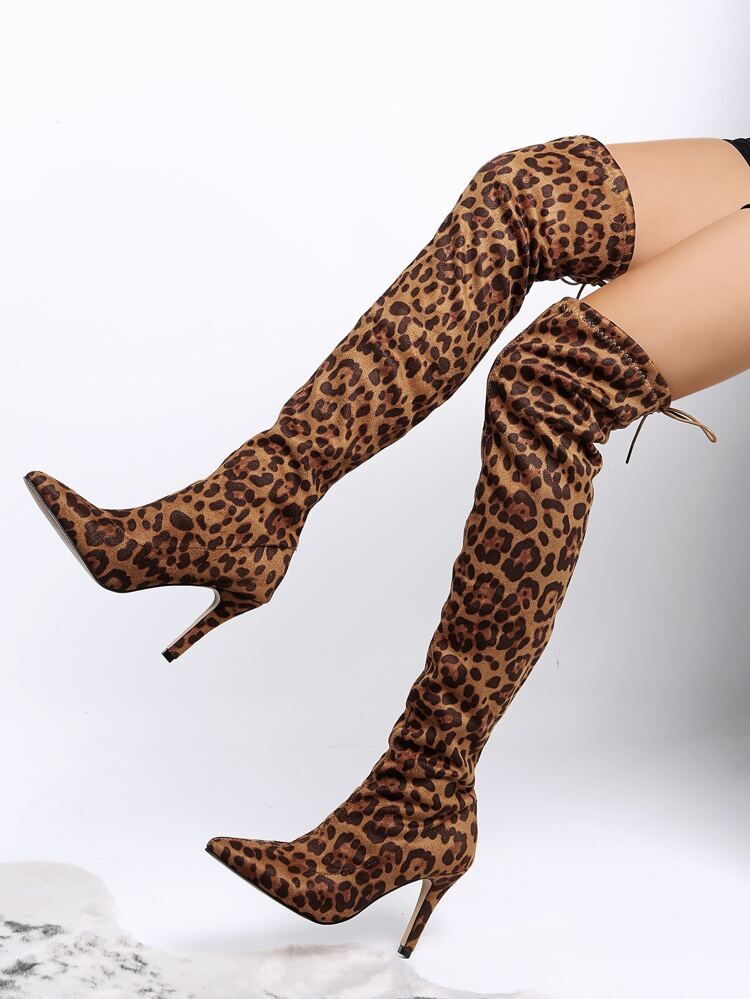 Suede Leopard Pattern Over Knee Heeled Boots | SHEIN