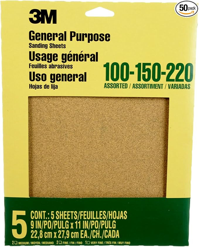 3M Aluminum Oxide Sandpaper, 5 Sheets, Assorted Grit 100-150-220, 9-in x 11-in, Multi-Purpose Abr... | Amazon (US)