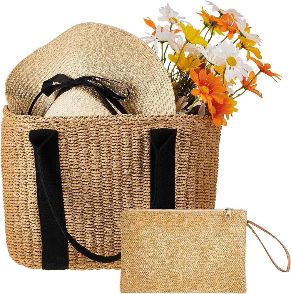2 Pcs Summer Straw Bags Clutch Purse Set, Large Beach Bag Handwoven Straw Beach Tote Handbags Sma... | Amazon (US)