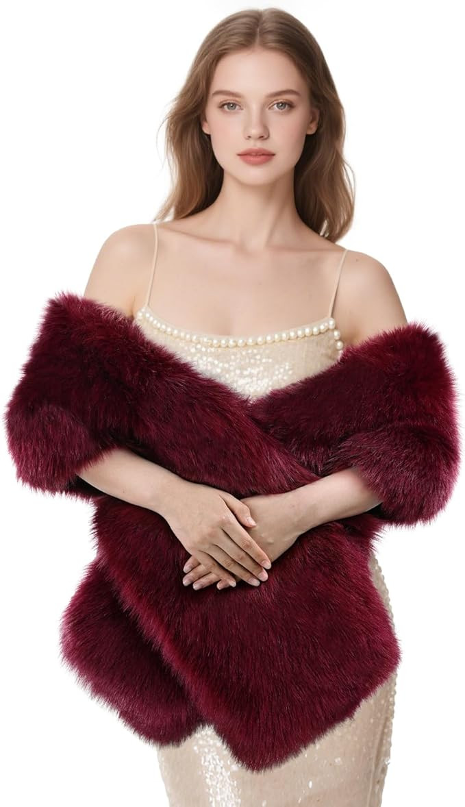 Women's Faux Fur Shawl, Long Winter Warm Scarf Shawl for Bridal Wedding Party Festive Celebration... | Amazon (US)