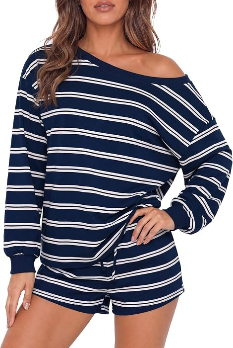 Fisoew Womens Long Sleeve 2 Piece Lounge Outfits Casual Striped Short Sets | Amazon (US)