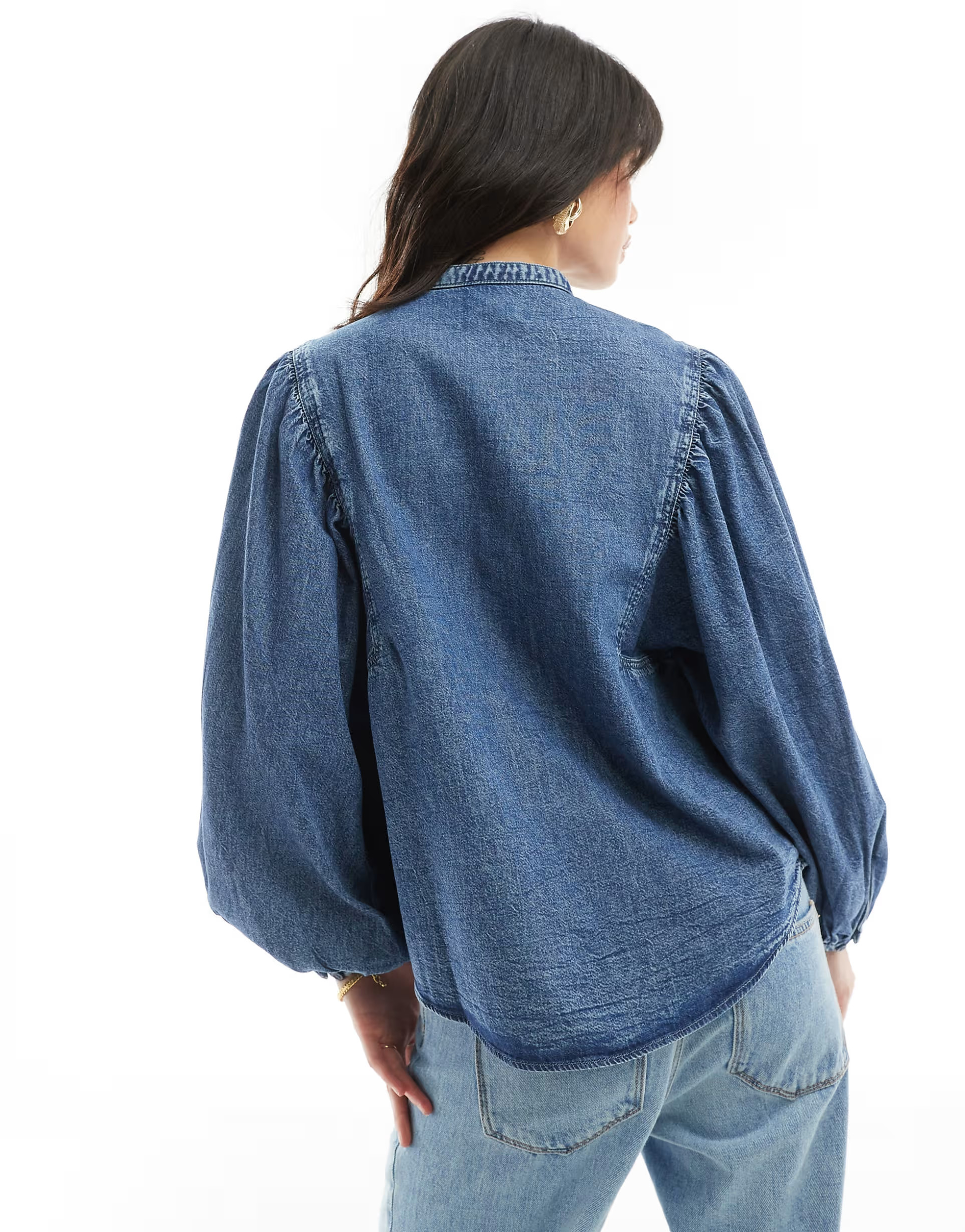 & Other Stories denim blouse with volume sleeves in mid washed blue | ASOS (Global)