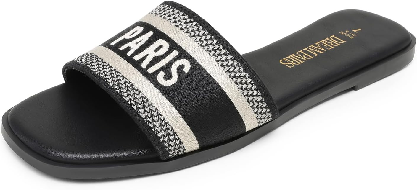 DREAM PAIRS Women's Flat Sandals Slip On Slides Sandals Square Open Toe Jacquard Braided Fashion ... | Amazon (US)