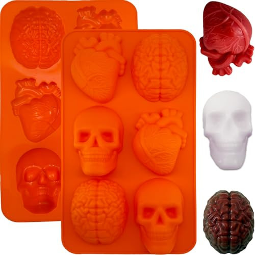 2 Pack Brain Heart Skull Cake Mold, 3D Human Organ Brain Jello Mold Halloween Silicone Molds Heart Skull Brain Chocolate Mold for Halloween Baking Mini Cakes Soap Candle Muffin Pudding Dessert | Amazon (US)