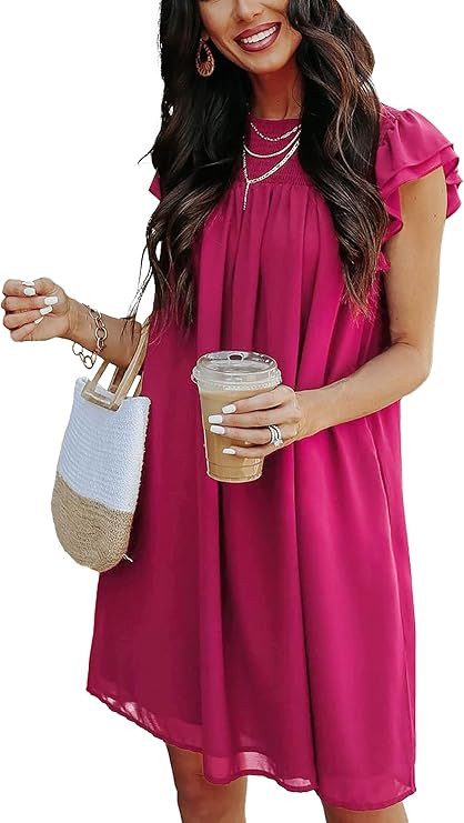 KIRUNDO Women's 2023 Summer Casual Dress Ruffle Sleeve Crew Neck Short Mini Dress Solid Loose Flo... | Amazon (US)