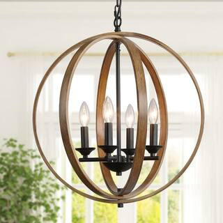 Farmhouse Black Chandelier Globe Cage Candlestick 4-Light Rustic Island Pendant Chandelier with Faux Wood Accent | The Home Depot