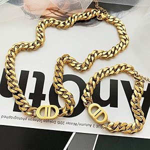 Gold Jewelry Set for Women,Classic 18K Gold Ladies' Letter Necklace and Bracelets,Elegant Cuban C... | Amazon (US)