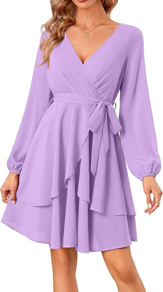 KOJOOIN Womens Skater Dresses Sexy V Neck Short Sleeve Tie Waist Solid Ruffle Boho Flowy Swing Mi... | Amazon (US)