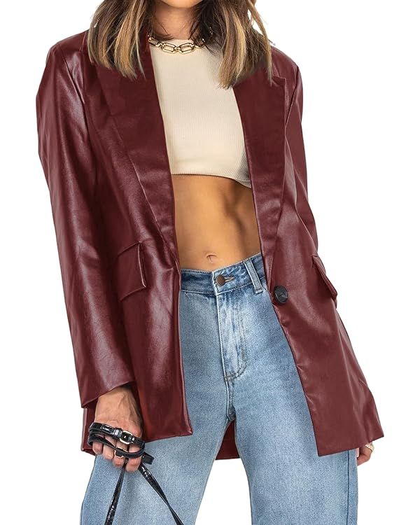 Pepochic Womens Oversized Leather Jacket Long Sleeve Faux Leather Blazer Lapel Button Down Leathe... | Amazon (US)