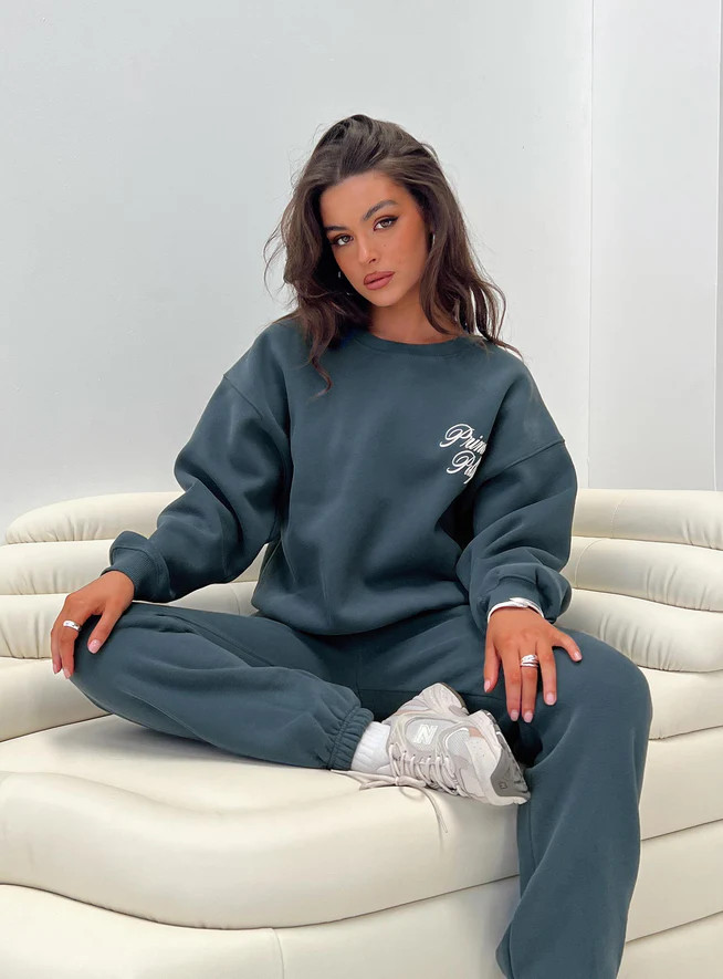 Princess Polly Crew Neck Sweatshirt Cursive Text Navy / White | Princess Polly US