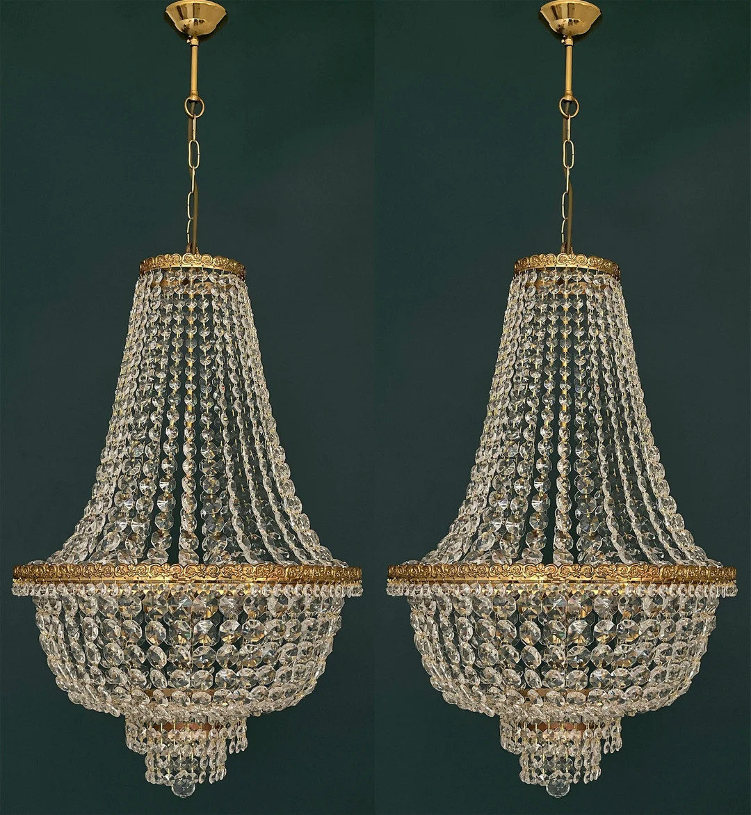 Matching Pair of Antique / Vintage Brass & Crystals 6 Lights HUGE French Empire Chandelier Lighti... | Etsy (US)