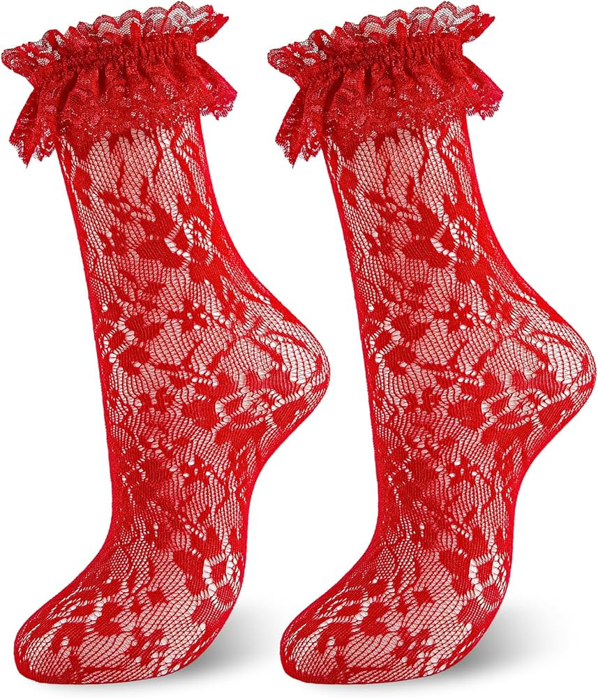 Womens Lace Ruffle Socks Frilly Dress Socks Sexy Mesh Lace Trim Lolita Sock Lacy Ruffled Boot Ank... | Amazon (US)
