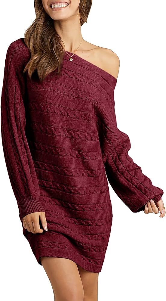 Amazon.com: KIRUNDO Women’s Off Shoulder Sweater Dress Cable Knit Long Sleeve Casual Loose Over... | Amazon (US)