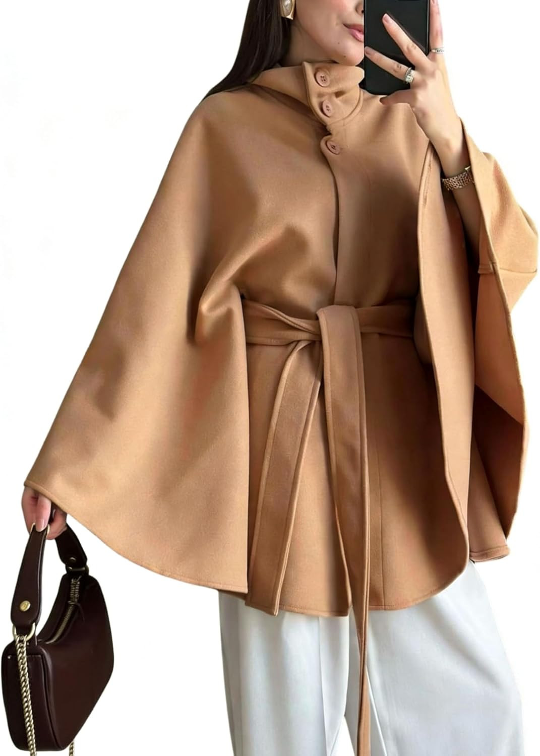 Hooever Womens Batwing Sleeve Poncho Pea Coats Wool Blend Cape Coat Oversized Belted Stand Collar Trench Outerwear | Amazon (US)