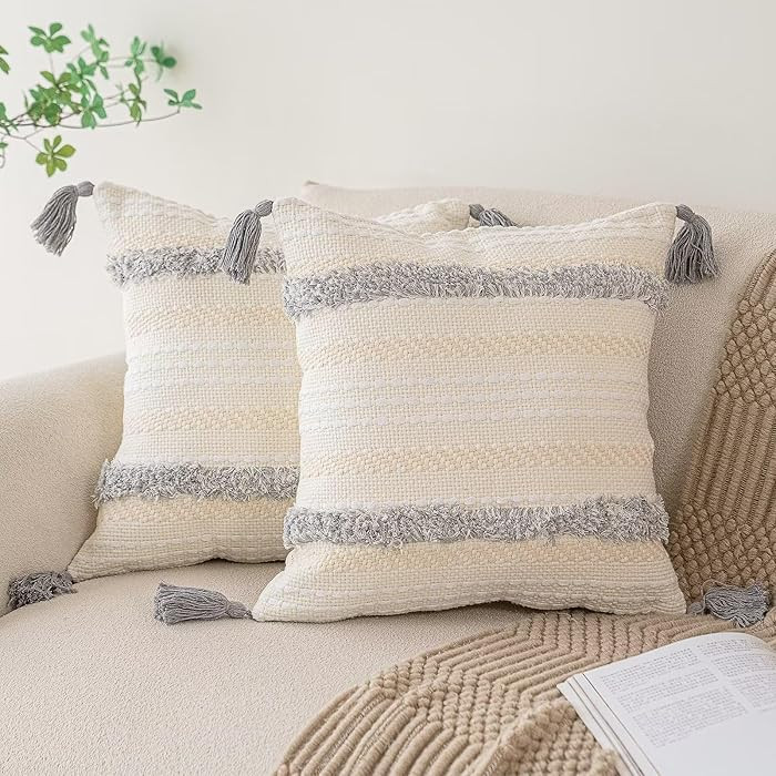 Boho Throw Pillow Covers 18x18 Set of 2 Woven Tufted Farmhouse Pillows Cover with Tassels Texture... | Amazon (US)