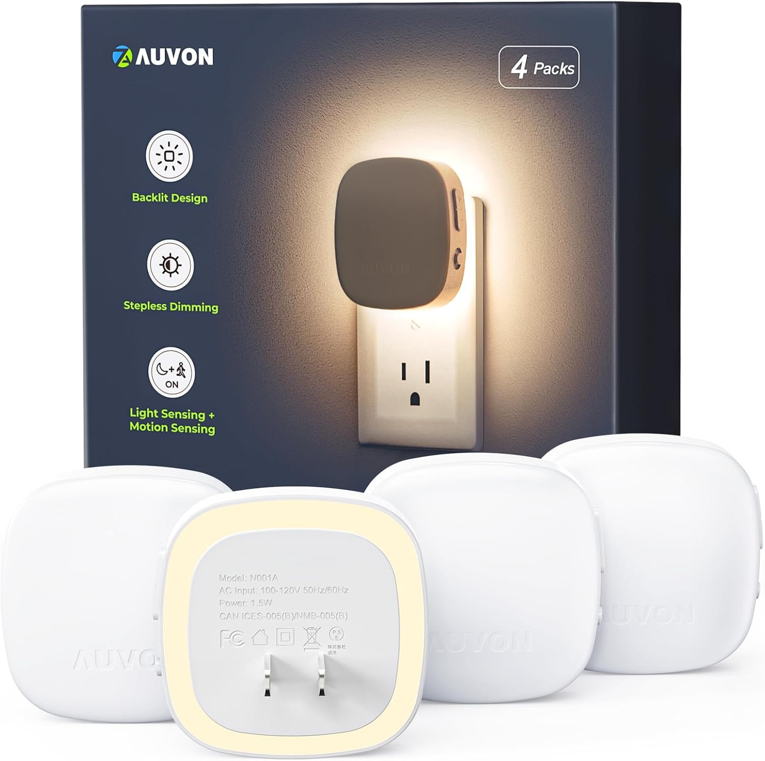 AUVON Plug-in LED Backlit Night Light with Motion Sensor & Dusk to Dawn Sensor, Dimmable Warm White Nightlight with 1-50 lm Adjustable Brightness for Bedroom, Bathroom, Stairs, Hallway (4 Pack) | Amazon (US)
