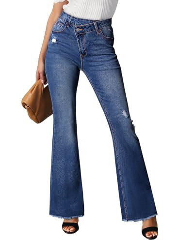 Sidefeel Women's Bell Bottom Flare Jeans High Waisted Stretchy Ripped Distressed Raw Hem Denim Pants with Pockets Bluing Size 4 | Amazon (US)