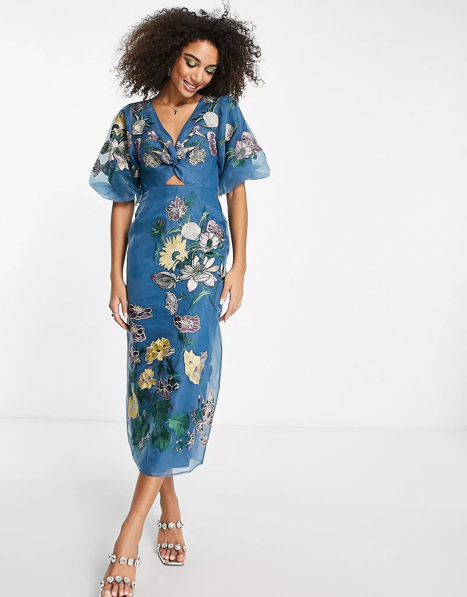 ASOS EDITION floral embroidered organza midi dress in steel blue | ASOS (Global)