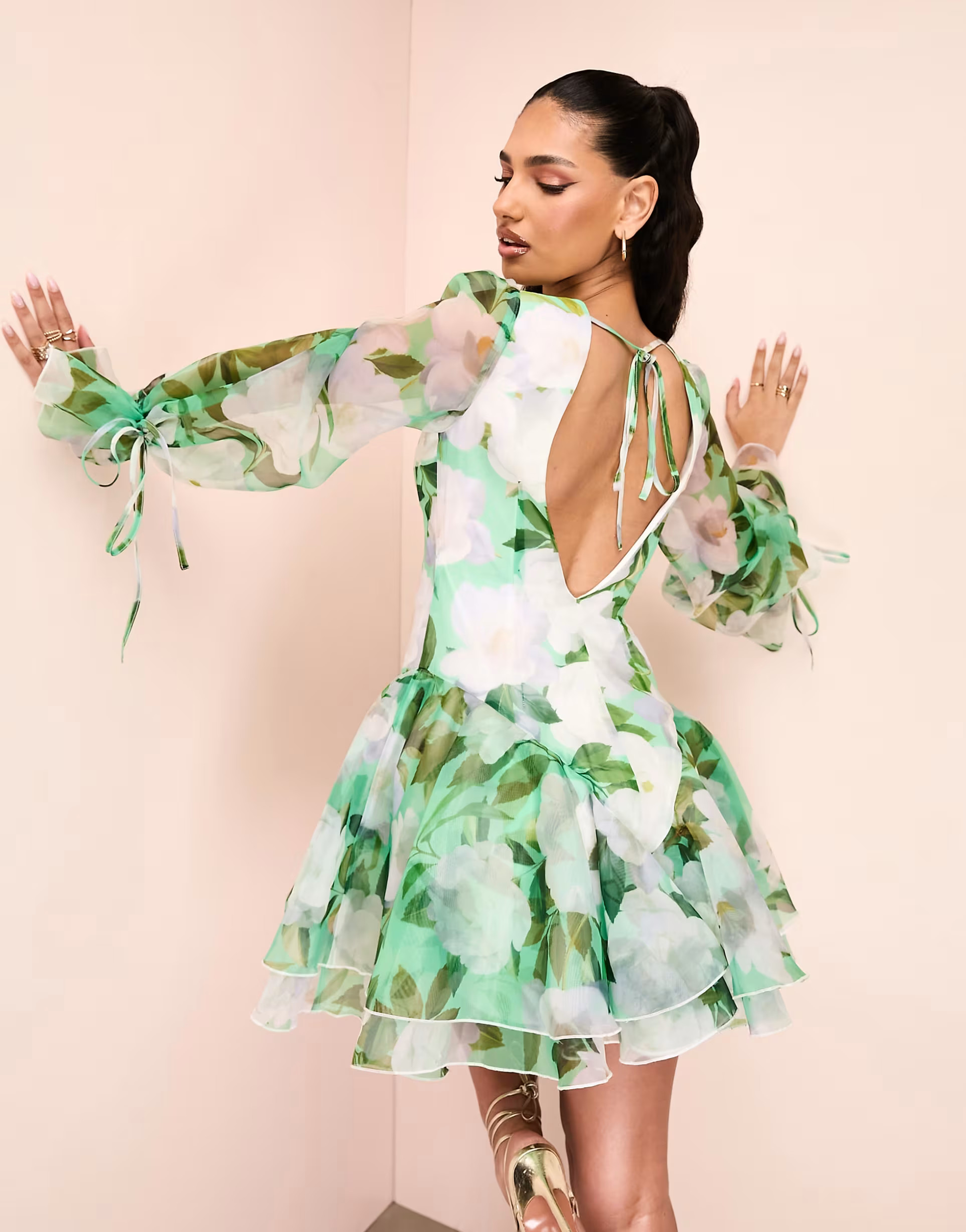 ASOS LUXE cupped organza mini dress in green floral print | ASOS (Global)