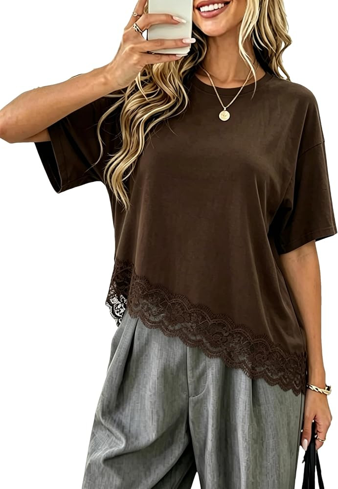 Women's Lace Tops Short Sleeve Casual Asymmetrical Trim Shirts Patchwork Cotton Top Loose Summer ... | Amazon (US)
